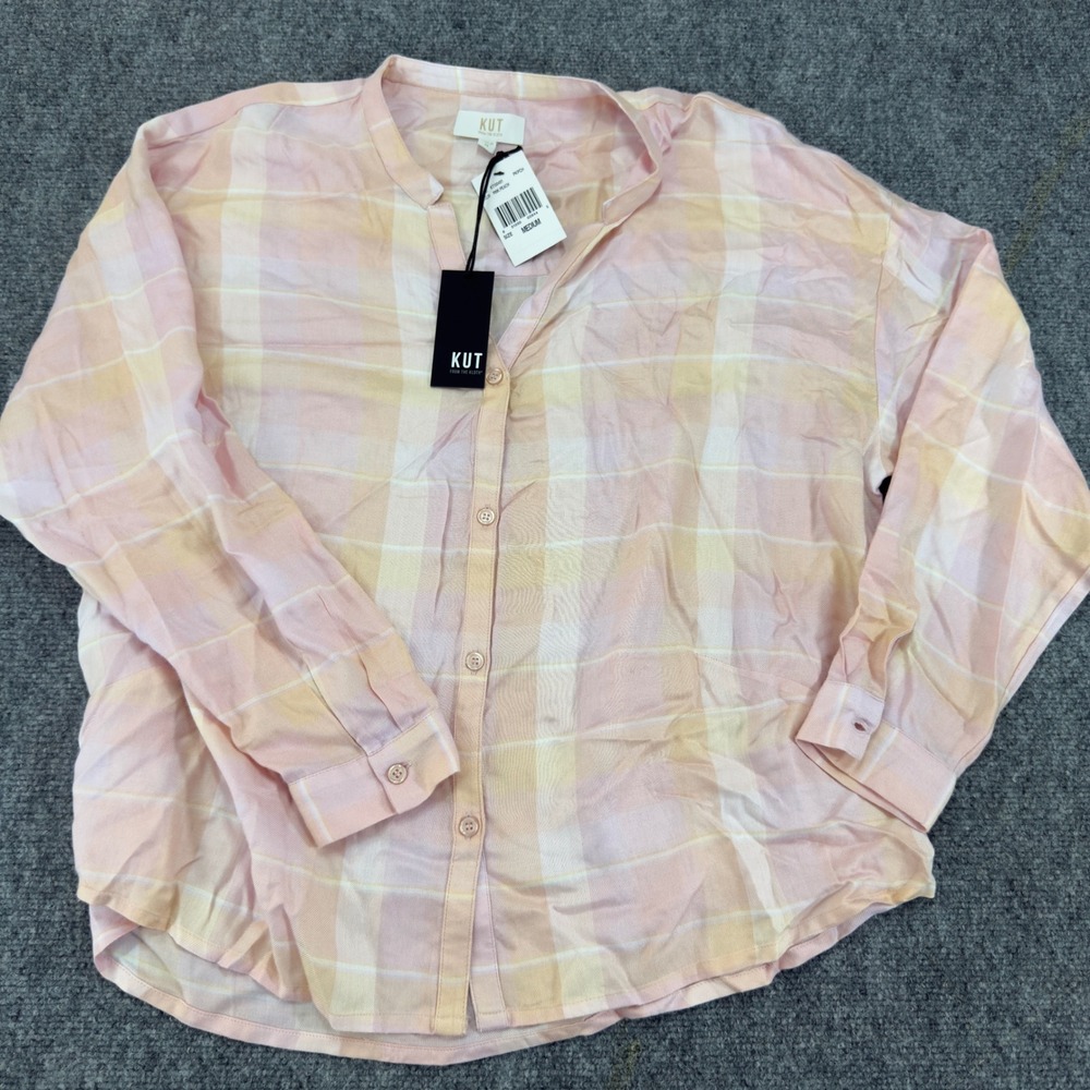 NWT KUT from the Kloth KT130401 Plaid Button Down Shirt Pink Peach Size Medium